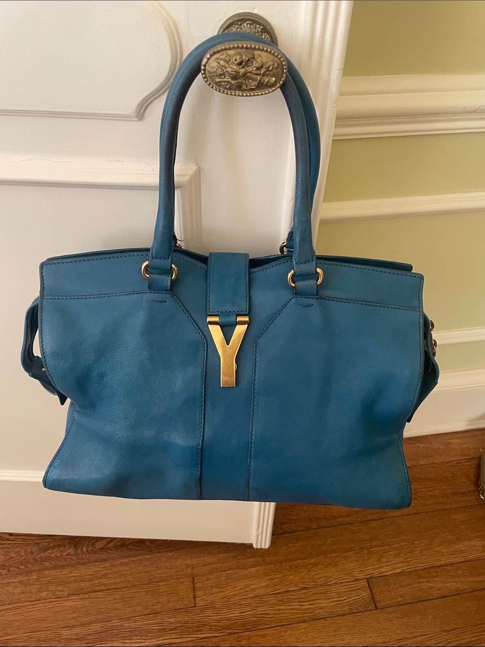 Women's Blue Leather Tote Bag with Gold Hardware